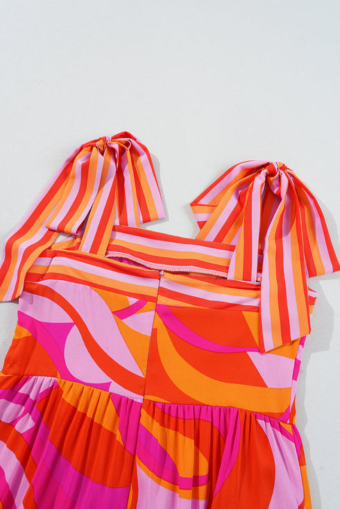 Red Abstract Print Knotted Shoulder High Waist Maxi Dress